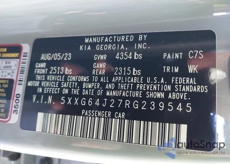 2024 Kia K5 Gt-Line z USA, uszkodzony, nr VIN 5XXG64J27RG239545